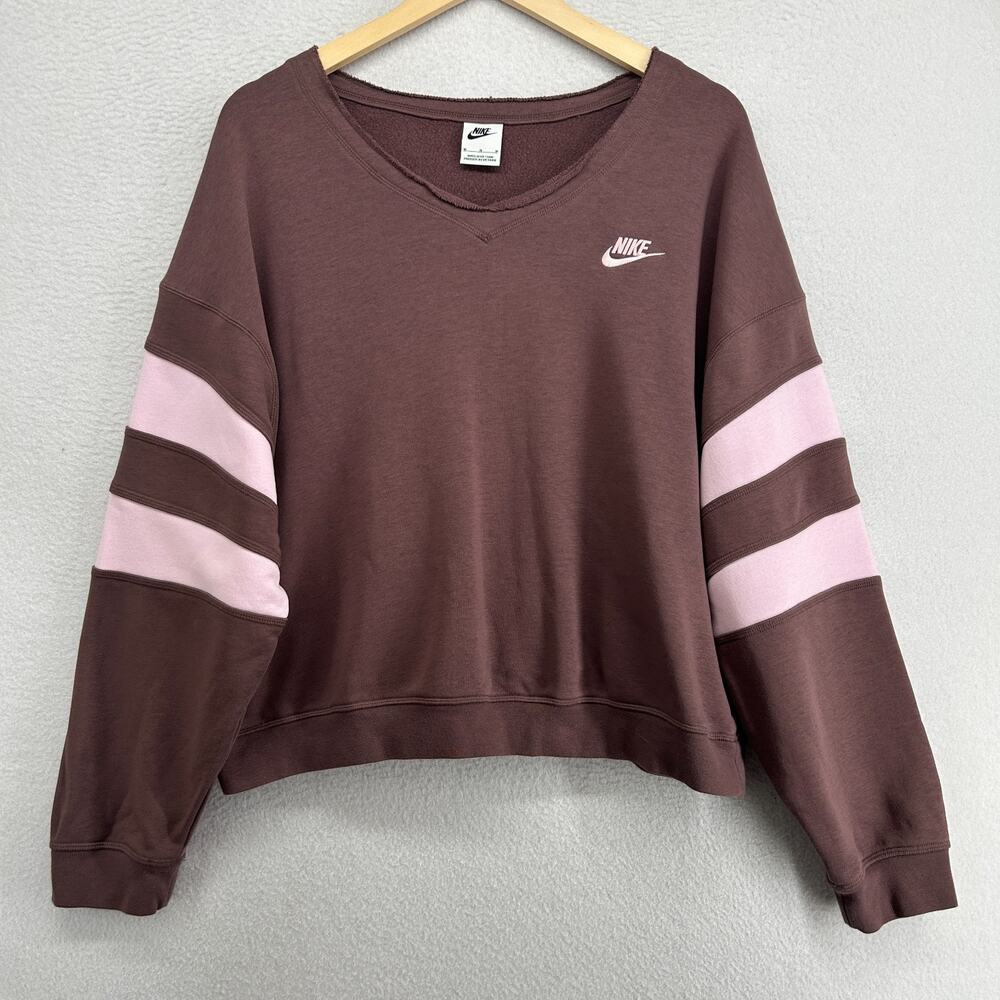 NIKE Sweatshirt Womens M Sportswear Club Fleece Oversized V-Neck Pullover Pink